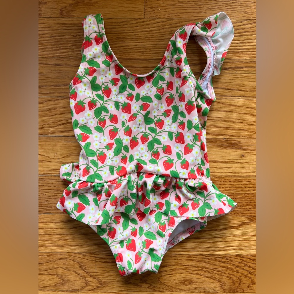 Mini Boden Girls Strawberry Print One-Piece Swimsuit - White, Red, Green